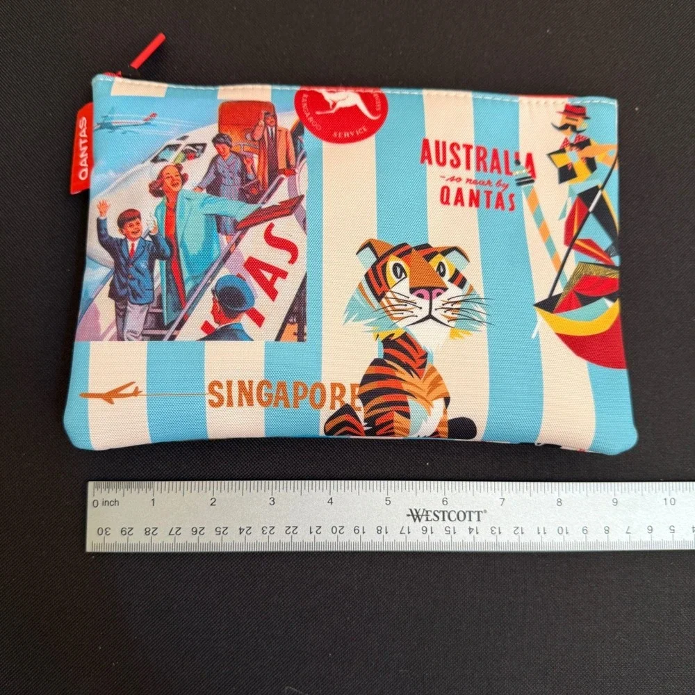 QANTAS Vintage Travel Graphic Amenity Pouch Unisex Blue Striped Small